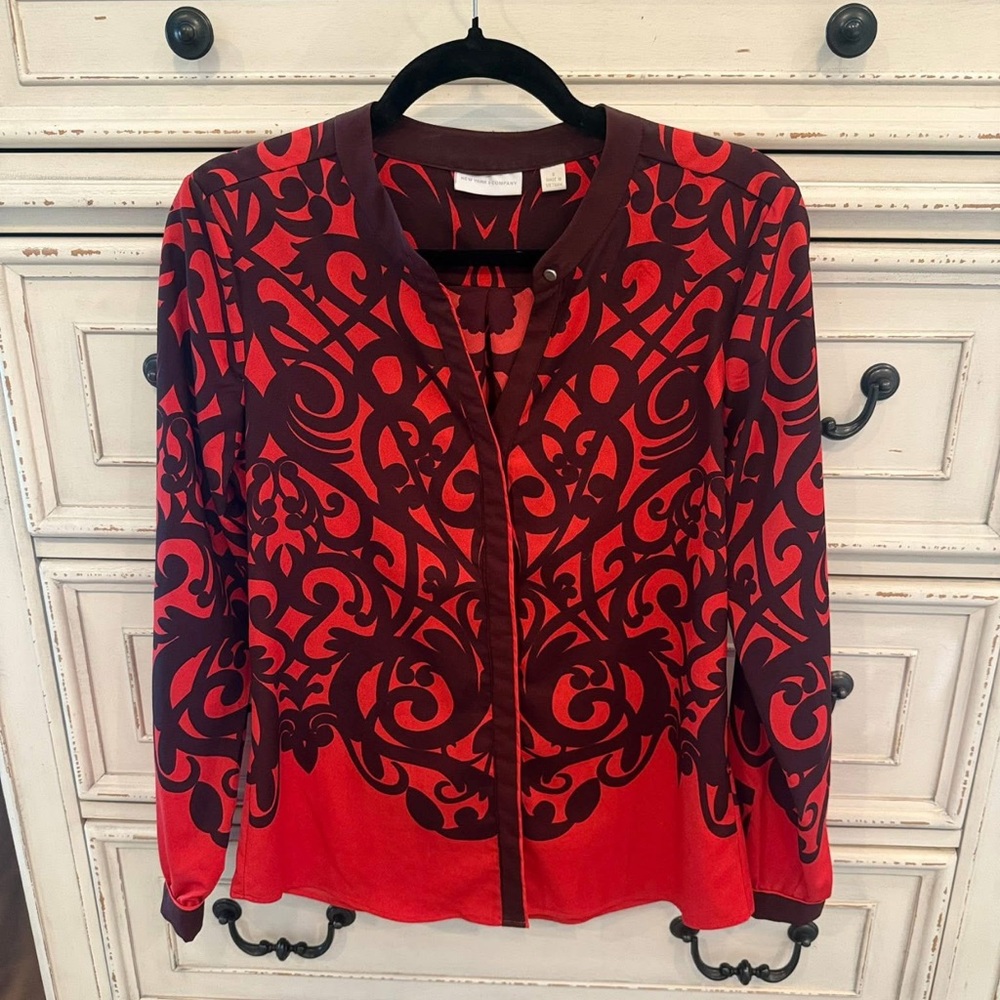 New York & Company Red and Black Ornate Blouse